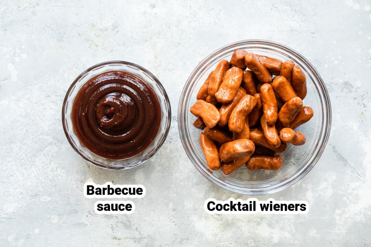 Labeled ingredients for 2-ingredient barbecue smokies.