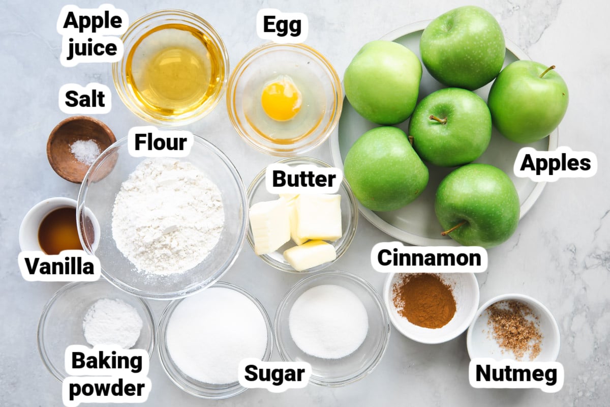 Labeled ingredients for apple cobbler.