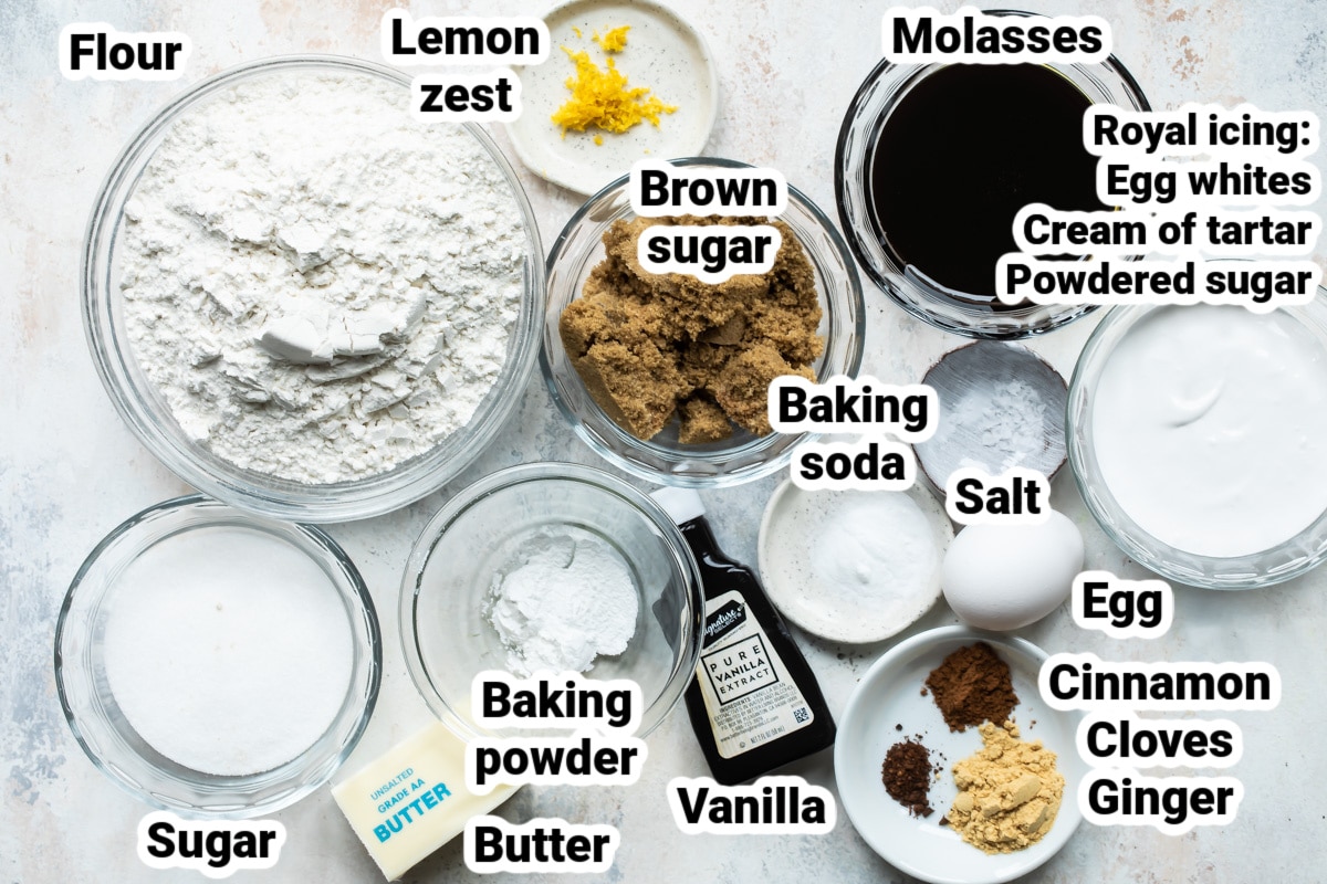 Labeled ingredients for gingerbread cookies.