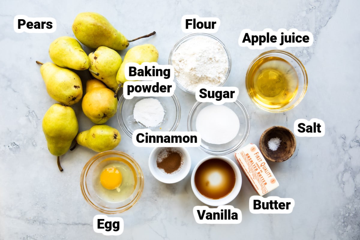 Labeled ingredients for pear cobbler.