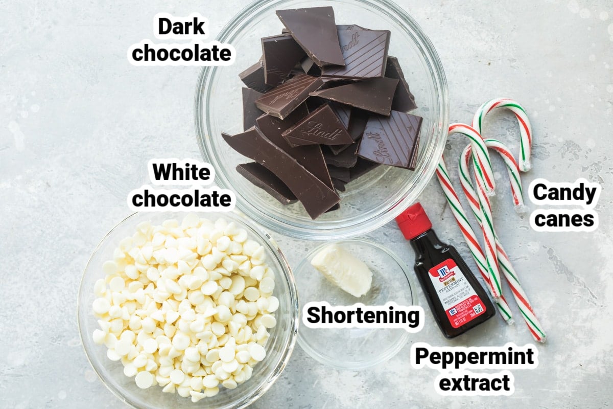 Labeled ingredients for peppermint bark.