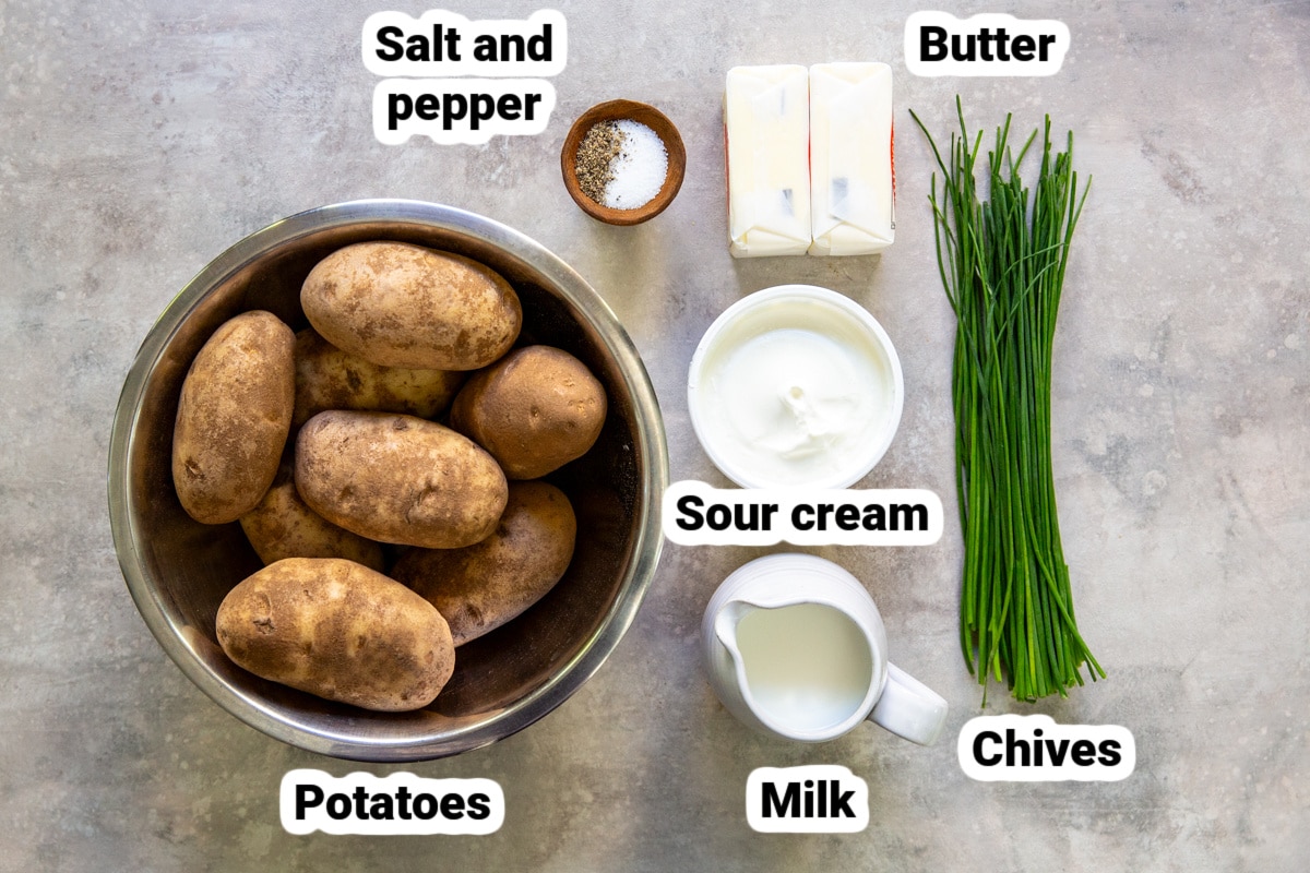Labeled ingredients for slow cooker mashed potatoes.