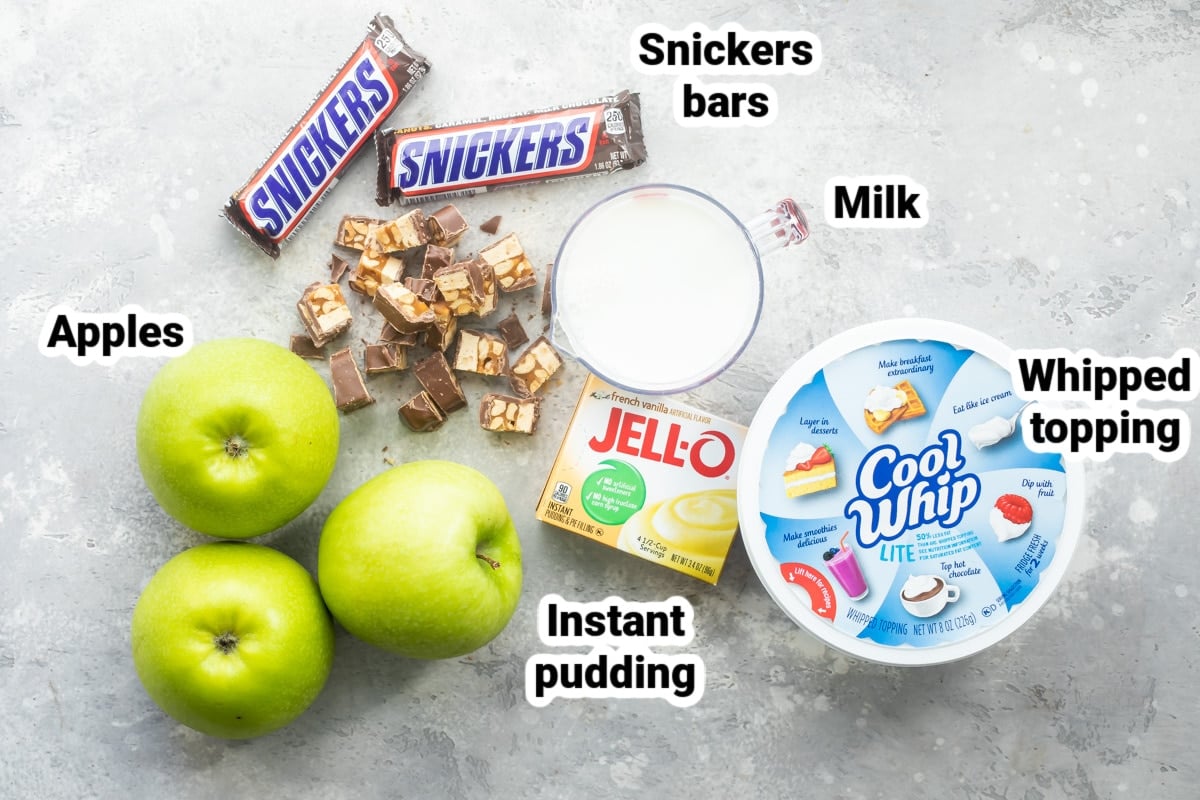 Snickers Salad ingredients labeled.