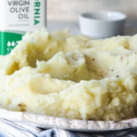 A serving dish filled with vegan mashed potatoes.