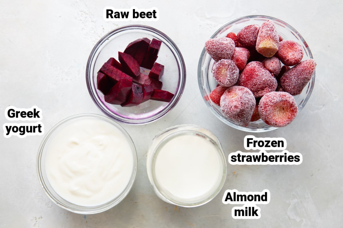 Labeled ingredients for beet smoothies.