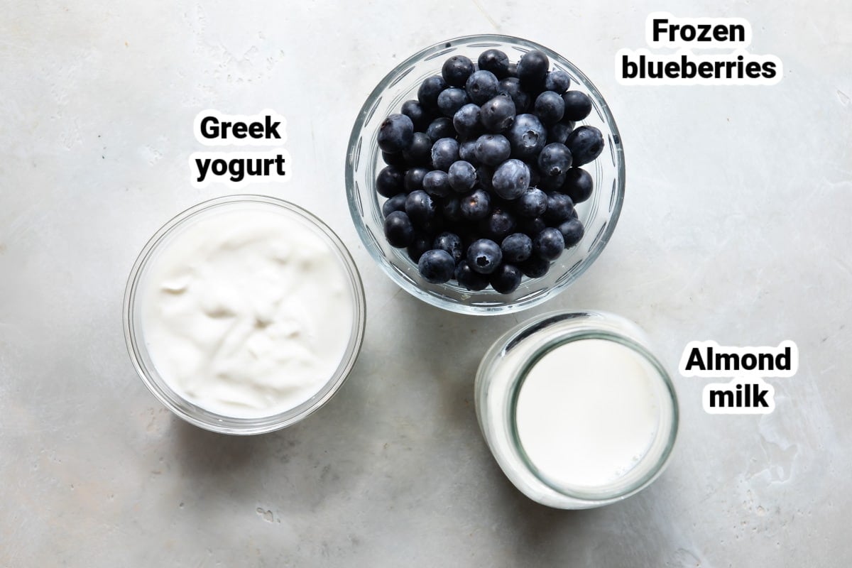 Labeled ingredients for a blueberry smoothie.