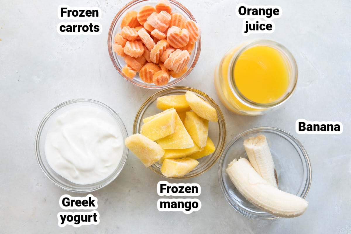 Labeled ingredients for carrot smoothies.