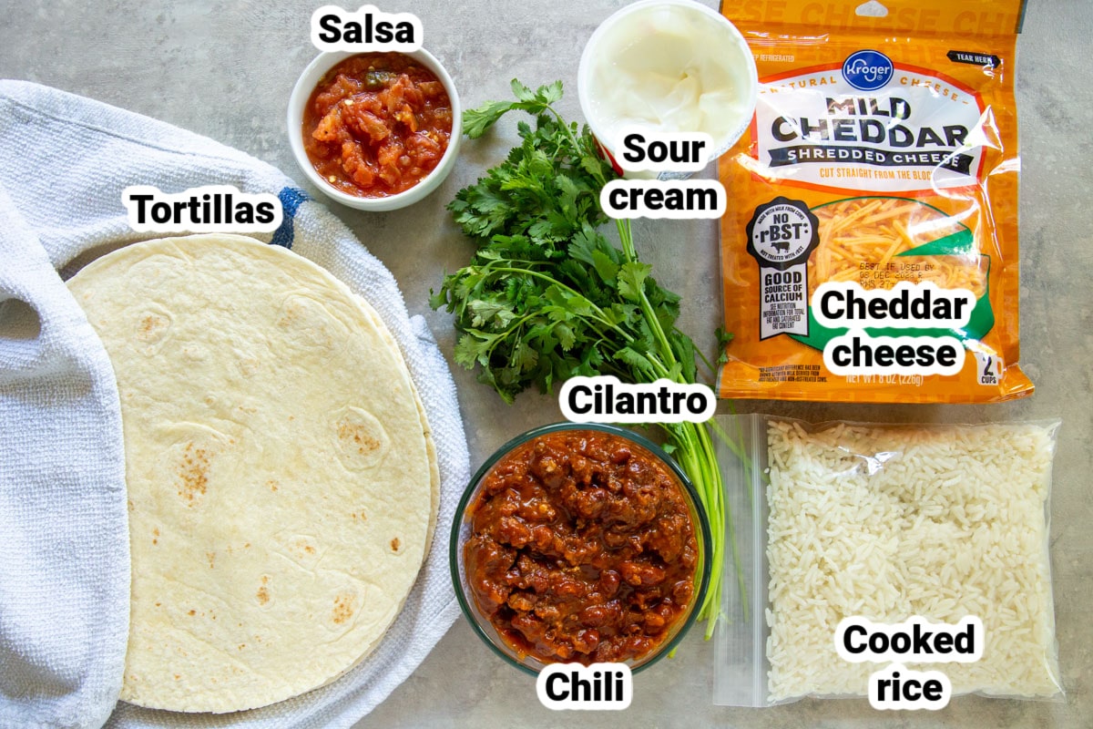 Labeled ingredients for chili cheese burritos.