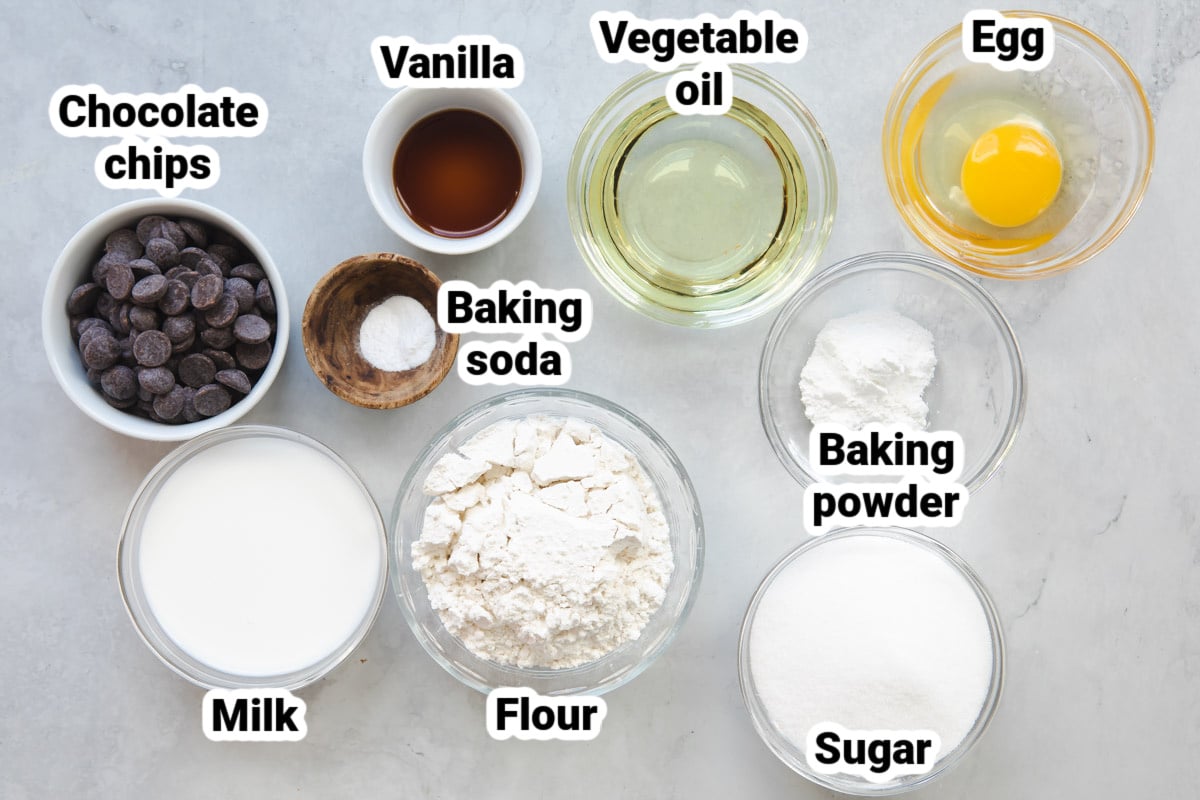 Labeled ingredients for chocolate chip muffins.