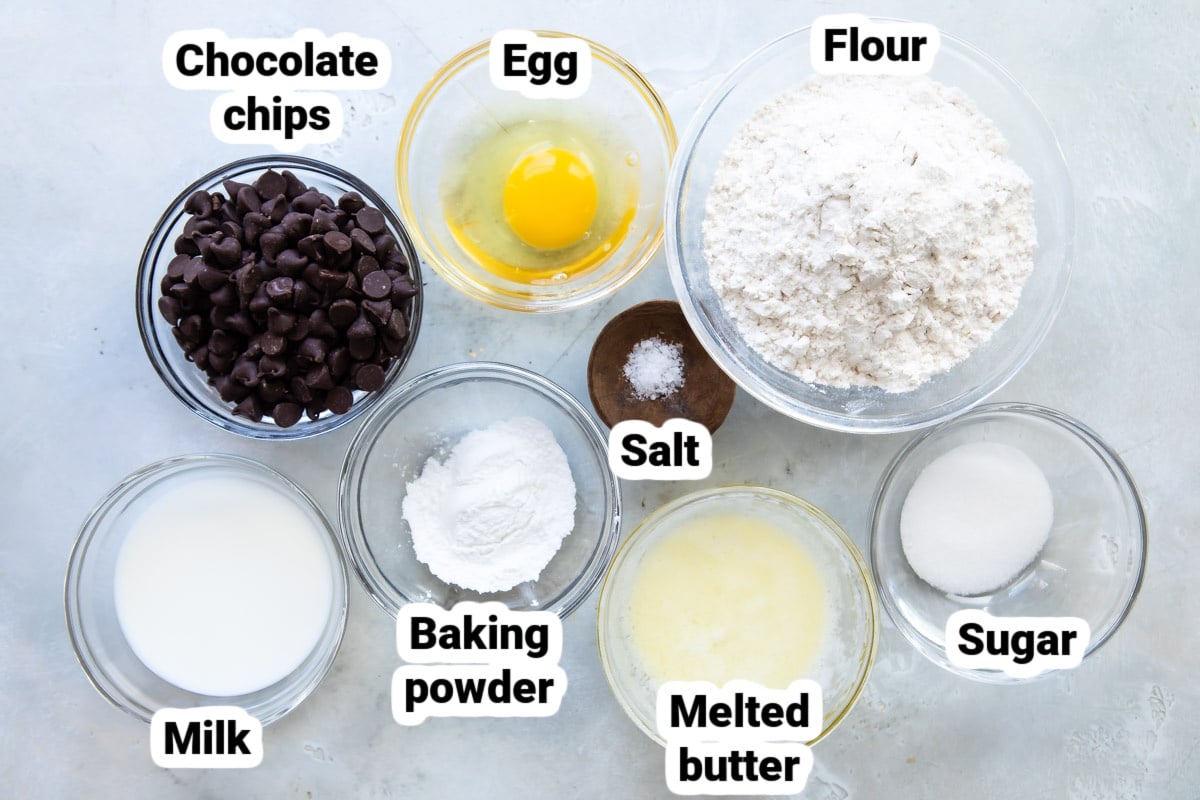 Labeled ingredients for chocolate chip pancakes.