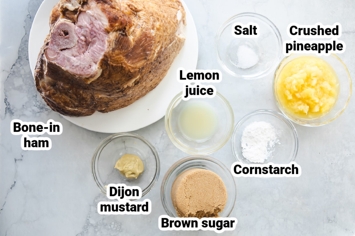 Labeled ingredients for glazed ham.