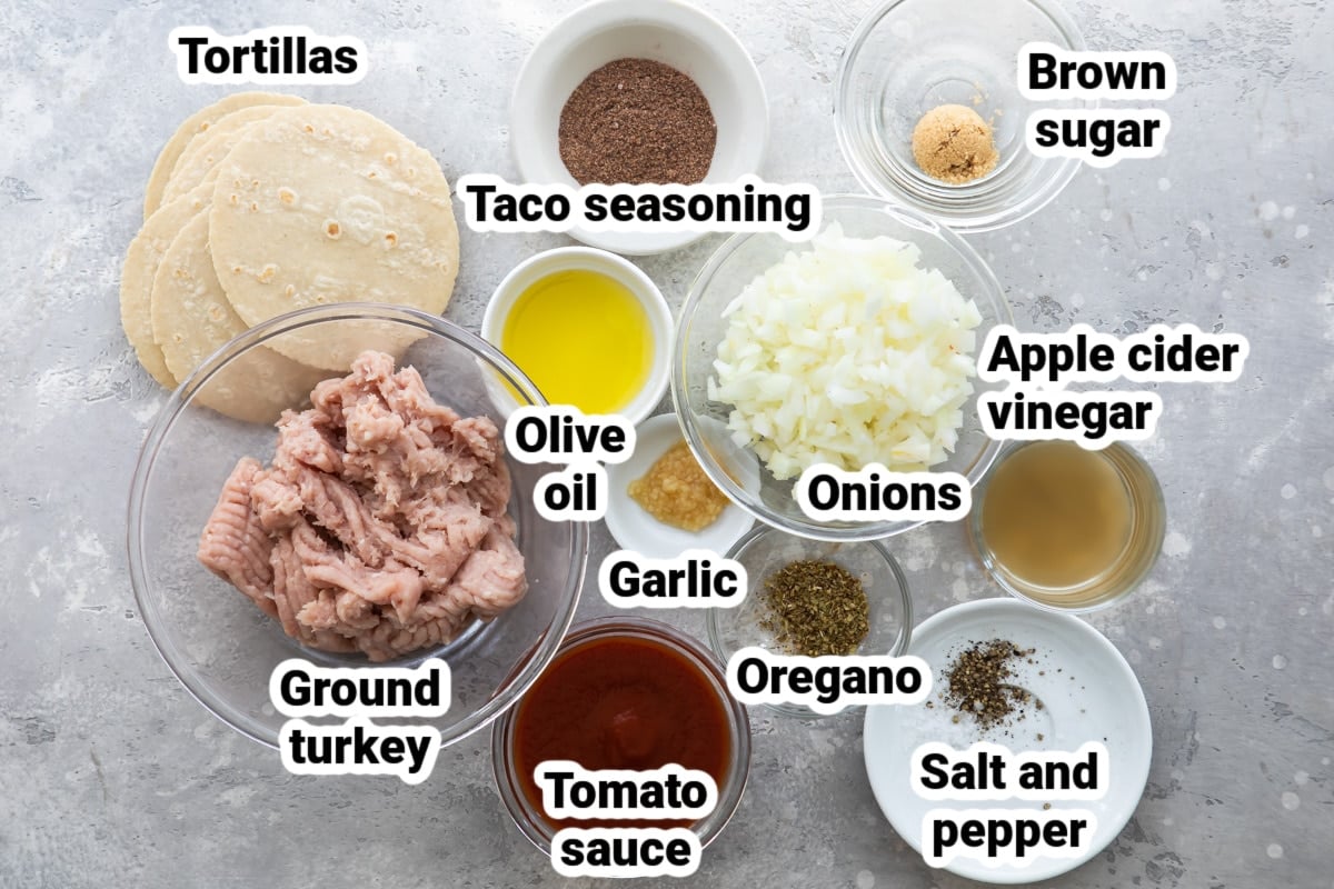Labeled ingredients for ground chicken tacos.