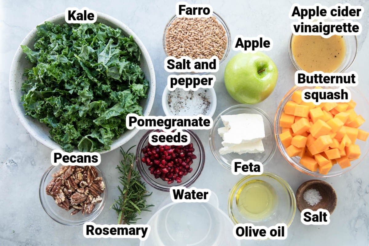 Labeled ingredients for a harvest bowl.