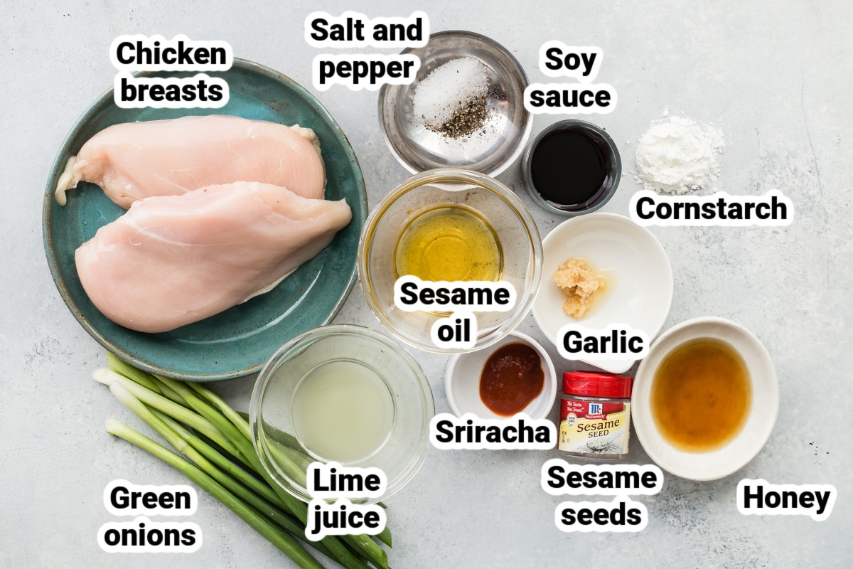 Labeled ingredients for honey garlic chicken.