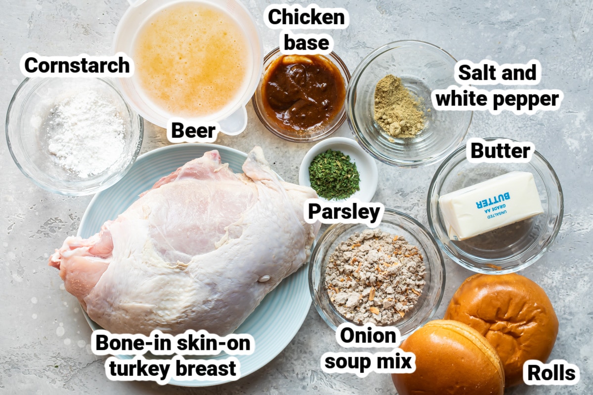 Labeled ingredients for hot turkey sandwiches.