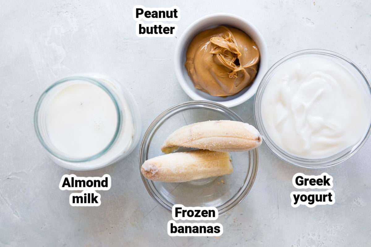 Labeled ingredients for a peanut butter smoothie.