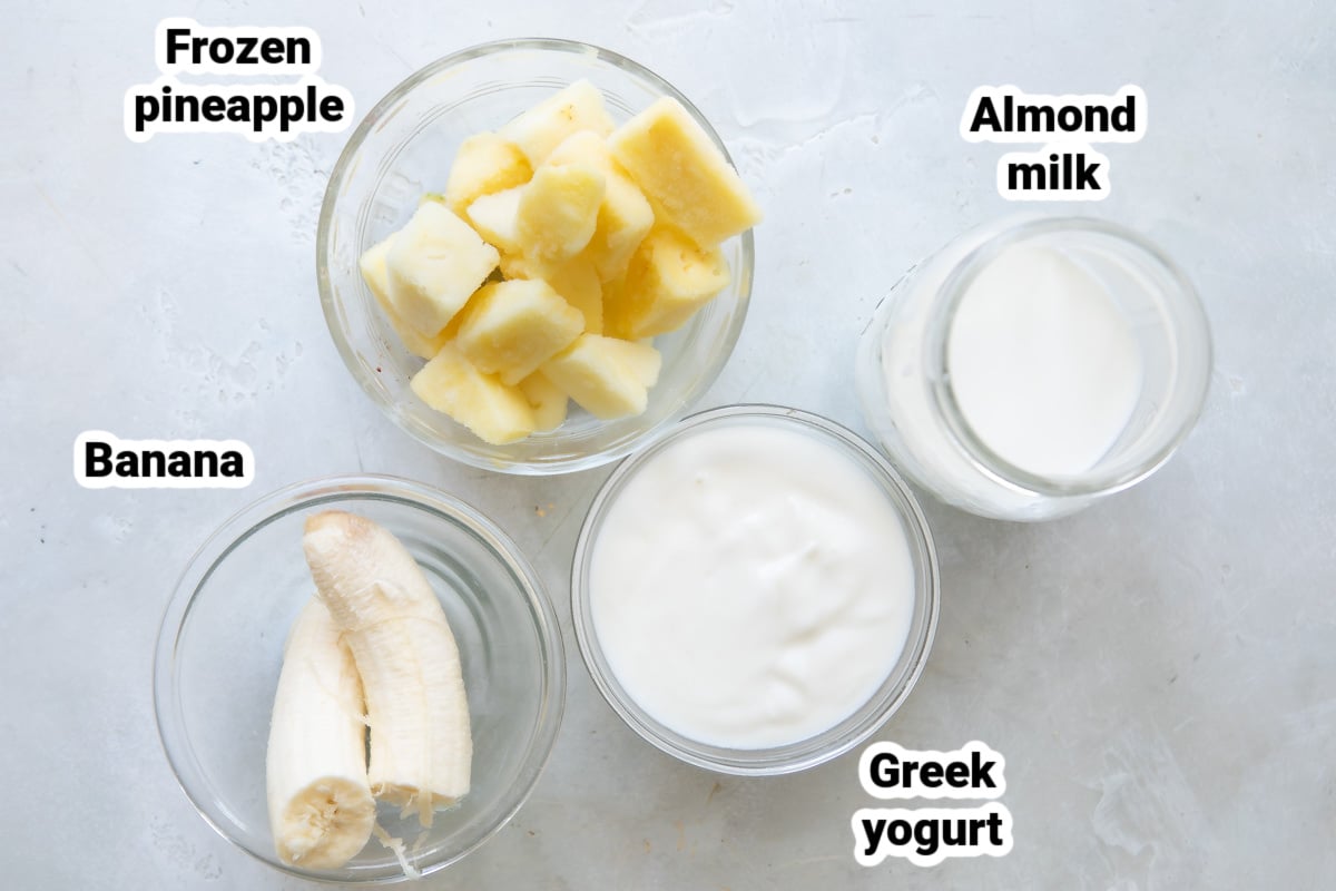 Labeled ingredients for pineapple smoothies.