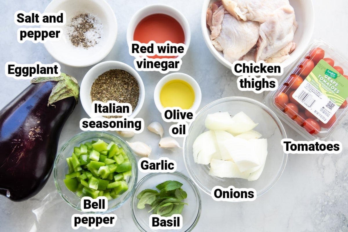 Labeled ingredients for sheet pan Italian chicken.