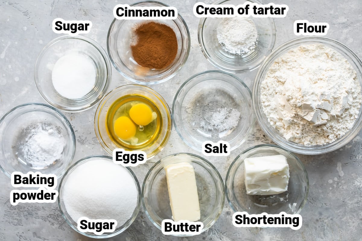 Labeled ingredients for snickerdoodle cookies.