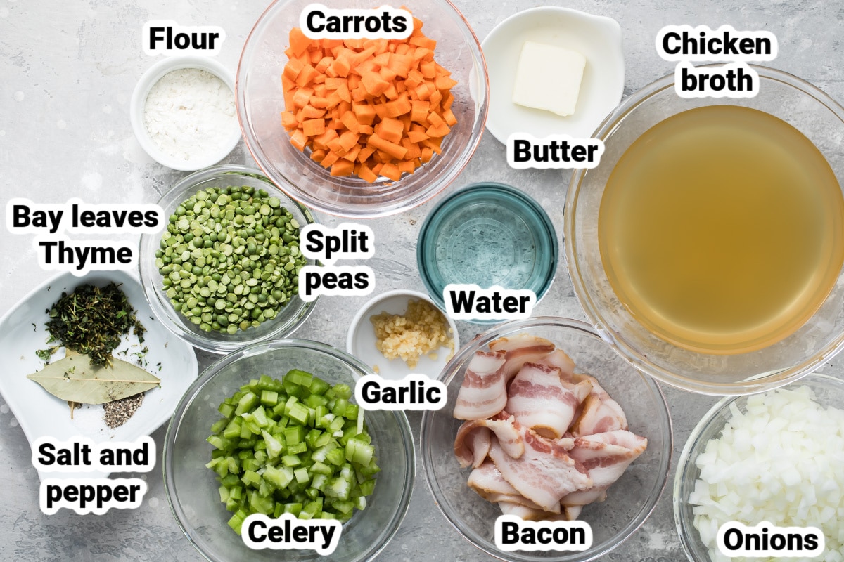 Labeled ingredients for split pea soup.