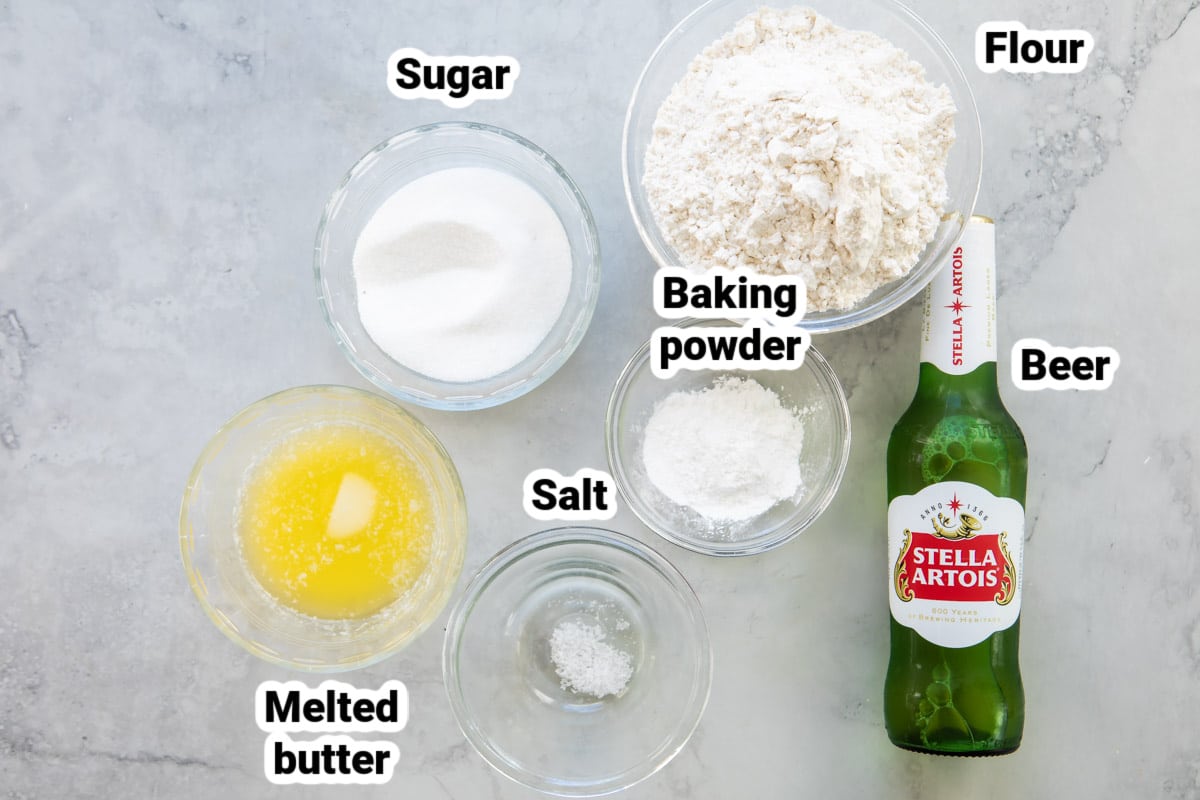 Labeled ingredients for beer bread.