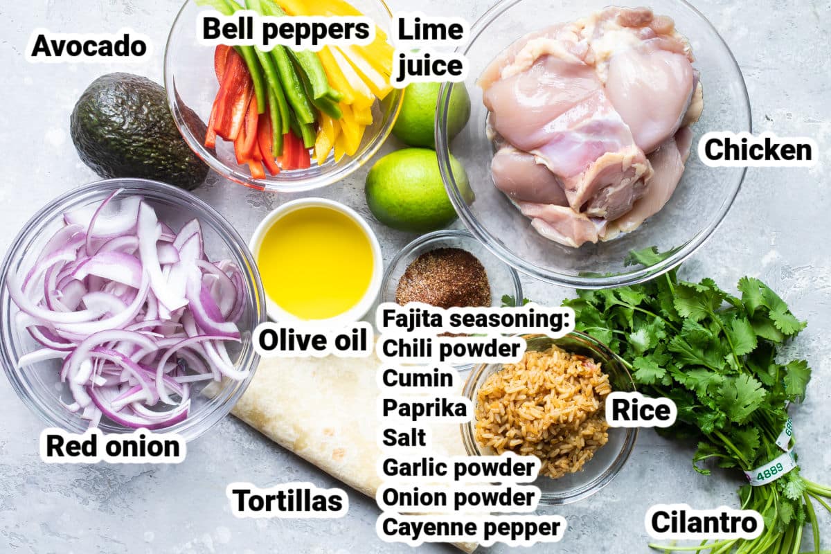 Labeled ingredients for chicken fajitas.