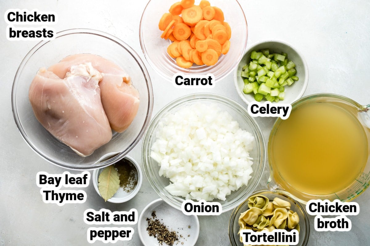 Labeled ingredients for chicken tortellini soup.