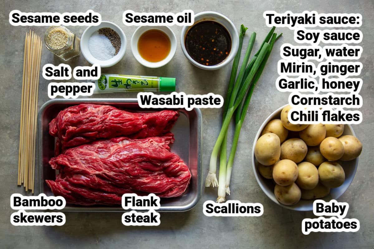 Labeled ingredients for hibachi steak with wasabi potatoes.
