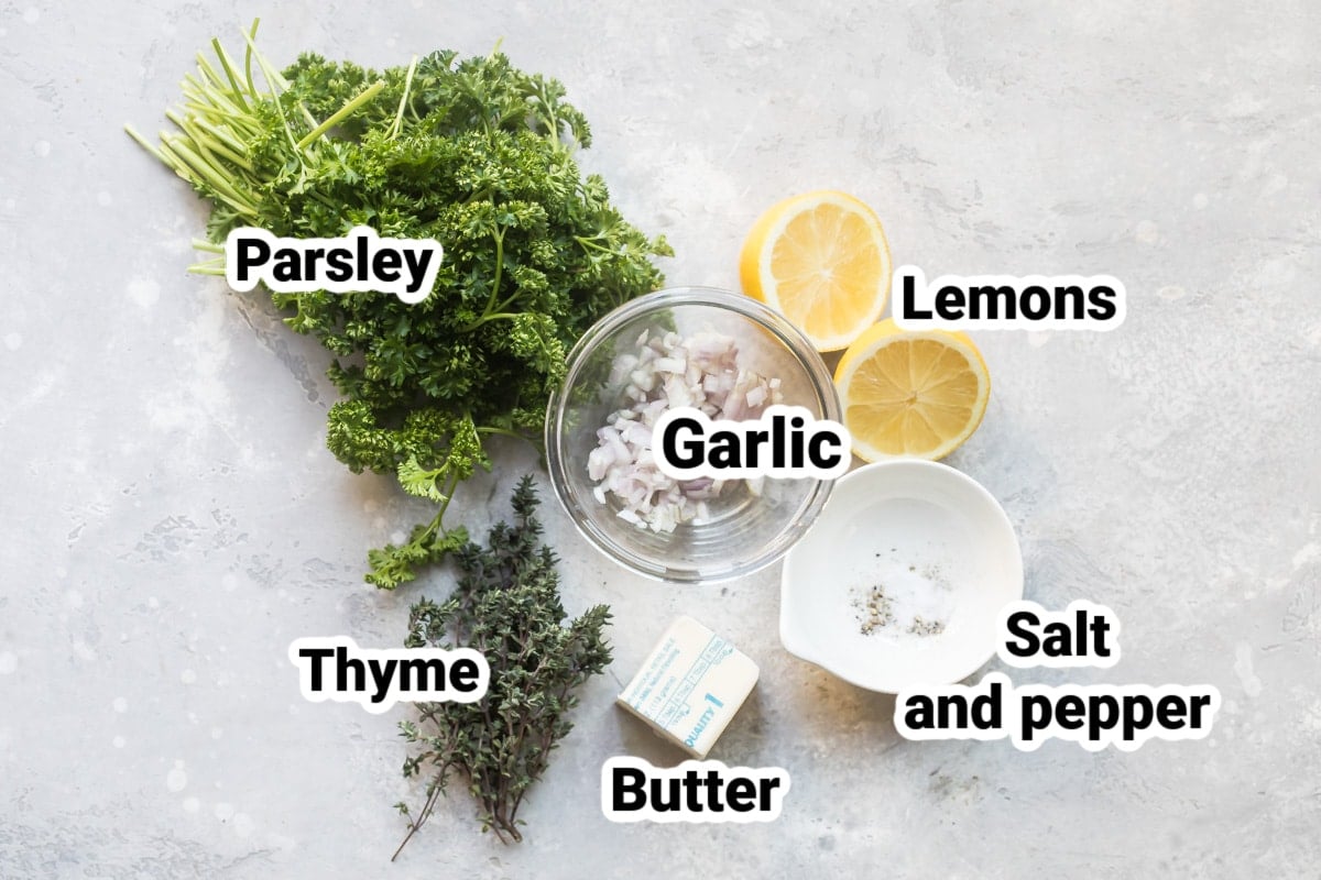 Labeled ingredients for lemon garlic butter sauce.