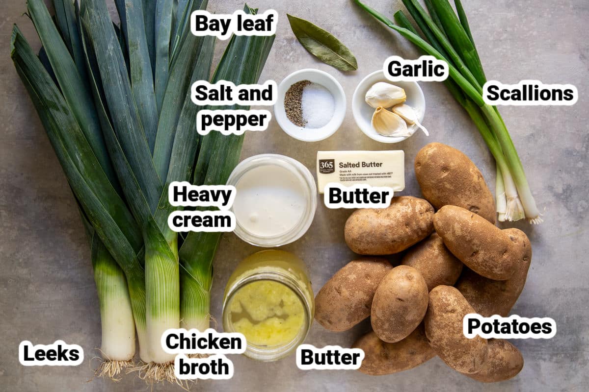 Labeled ingredients for potato leek soup.