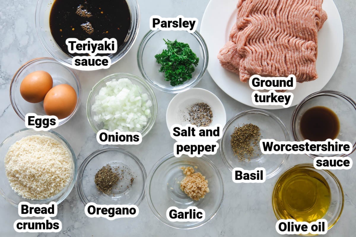 Labeled ingredients for teriyaki meatballs.