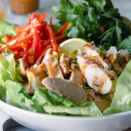 A Thai Chicken Salad in a white bowl.