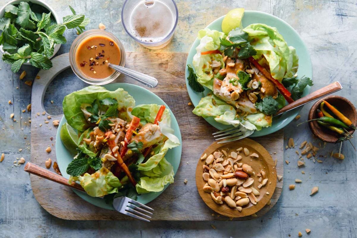 Two plates with Thai chicken salad.