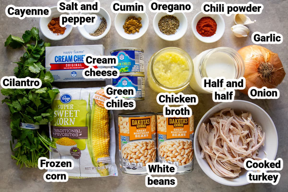 Labeled ingredients for white turkey chili.