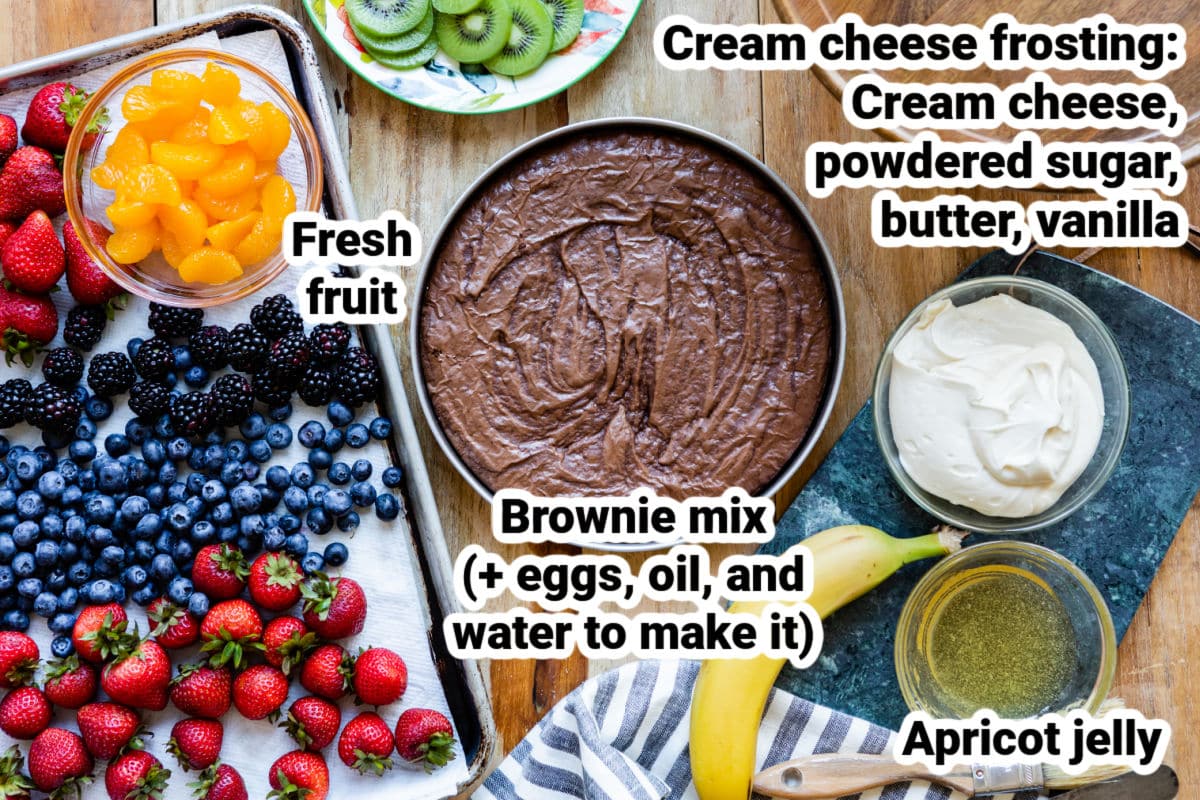 Labeled ingredients for brownie pizza.