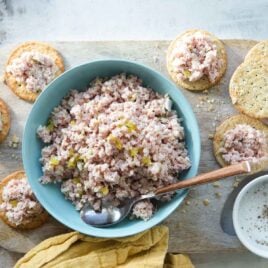 Ham salad in a teal bowl surrounded by crackers.