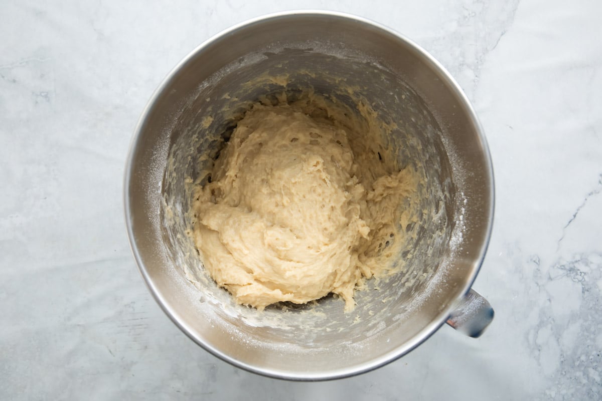 Making yeasted dough in a standing mixer.