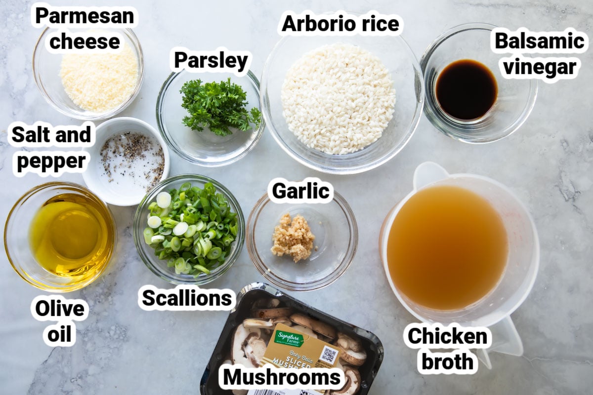 Labeled ingredients for mushroom risotto.