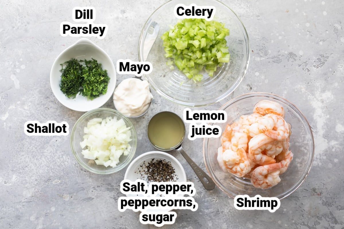Labeled ingredients for shrimp salad.