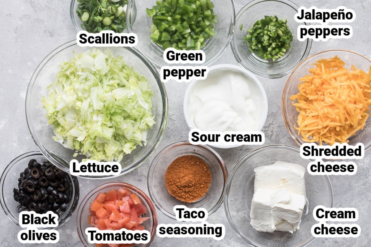Labeled ingredients for taco dip.
