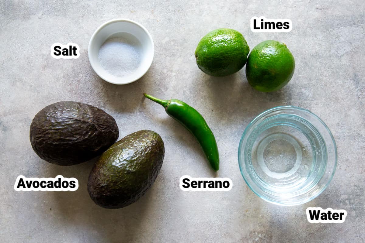Labeled ingredients for avocado sauce.