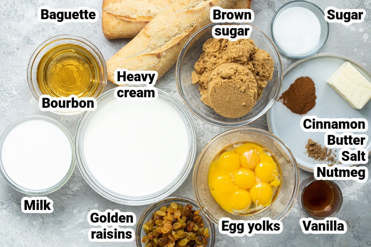 Labeled ingredients for bread pudding.