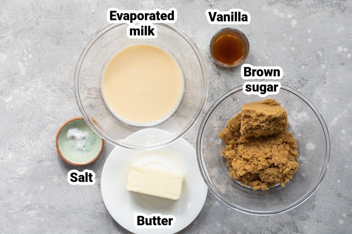 Labeled ingredients for caramel sauce.
