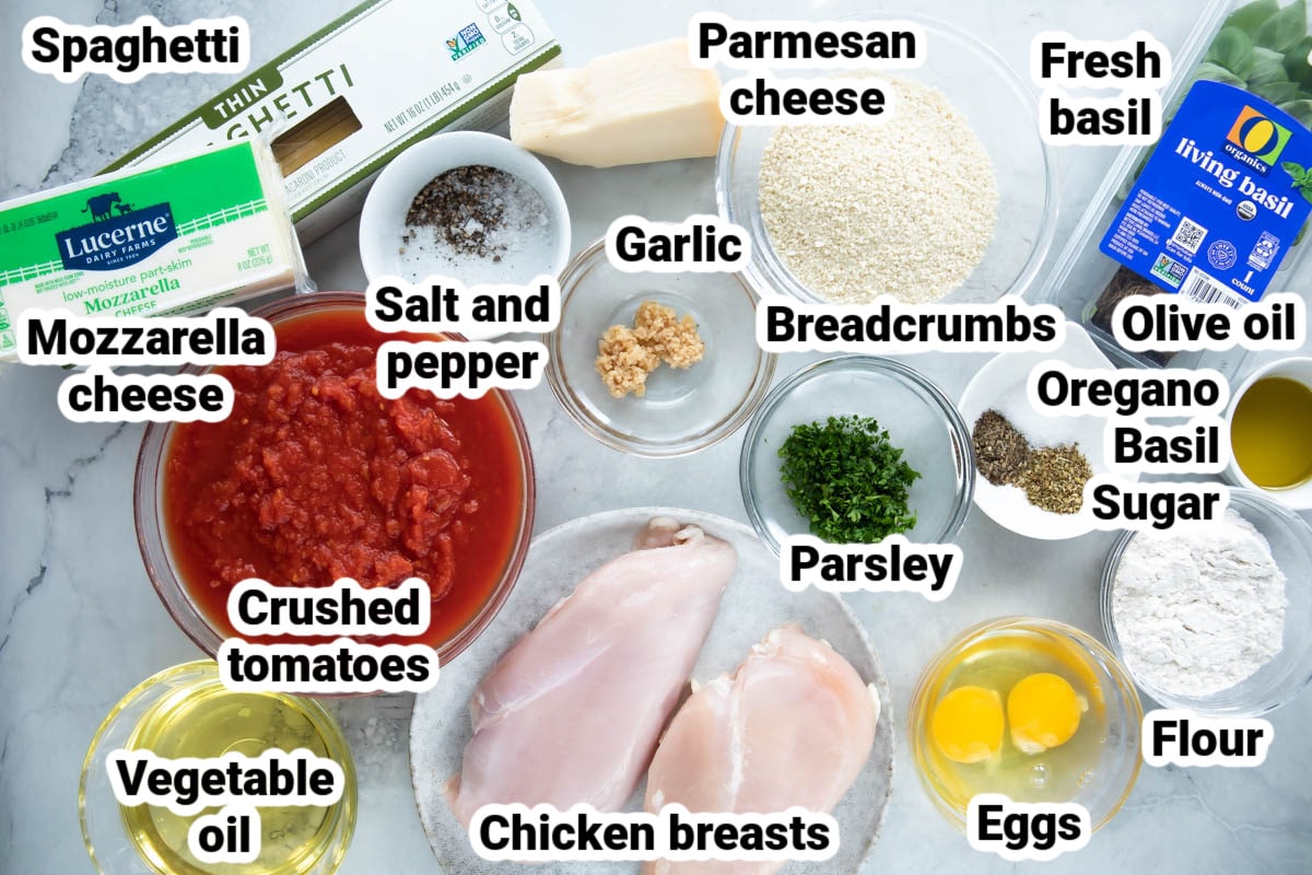 Labeled ingredients for chicken parmesan.