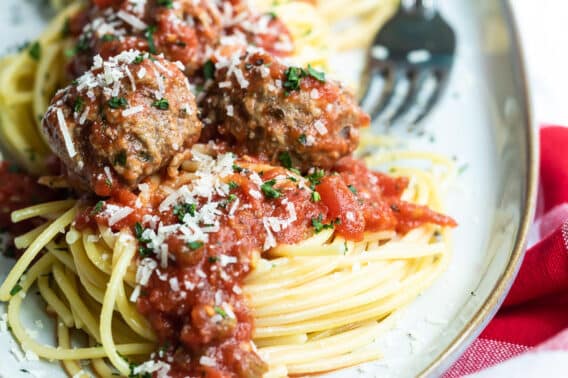 A platter of spaghetti and meatballs.