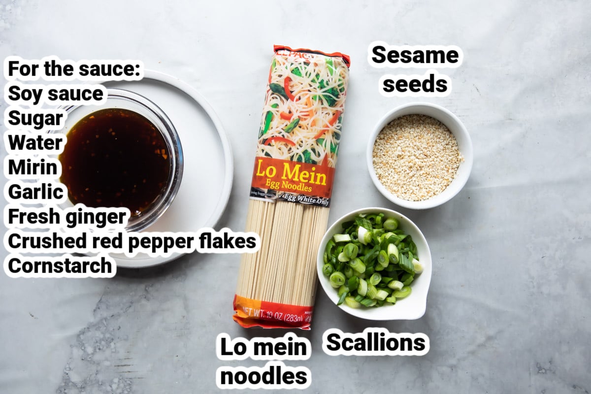 Labeled ingredients for Teriyaki noodles.
