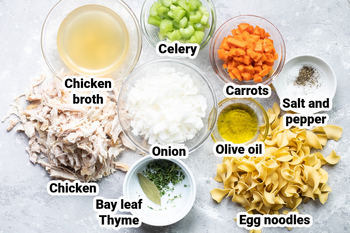 Labeled ingredients for homemade chicken noodle soup.
