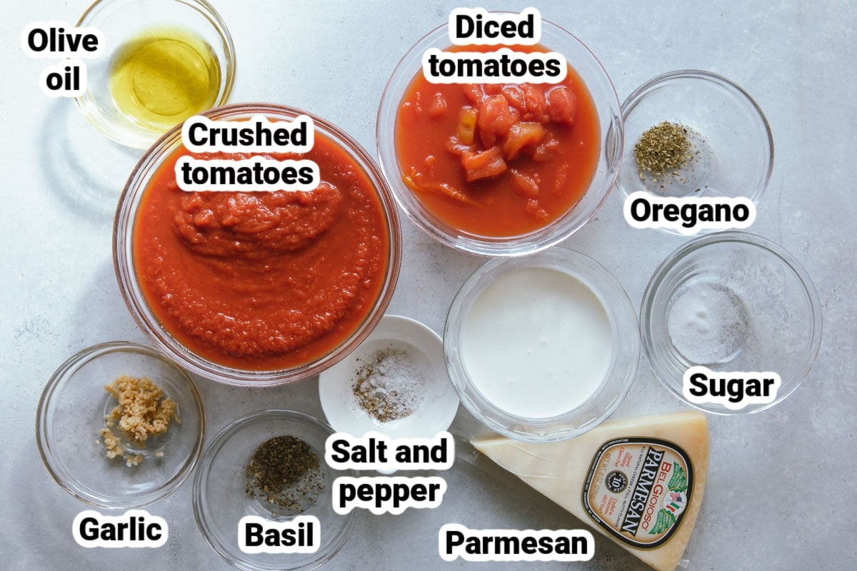 Labeled ingredients for parma rosa sauce.