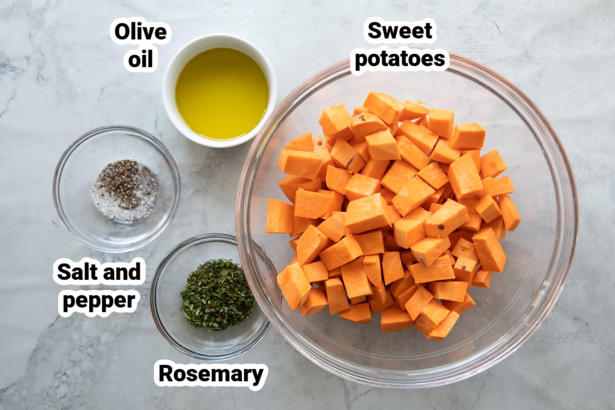 Labeled ingredients for roasted sweet potatoes.