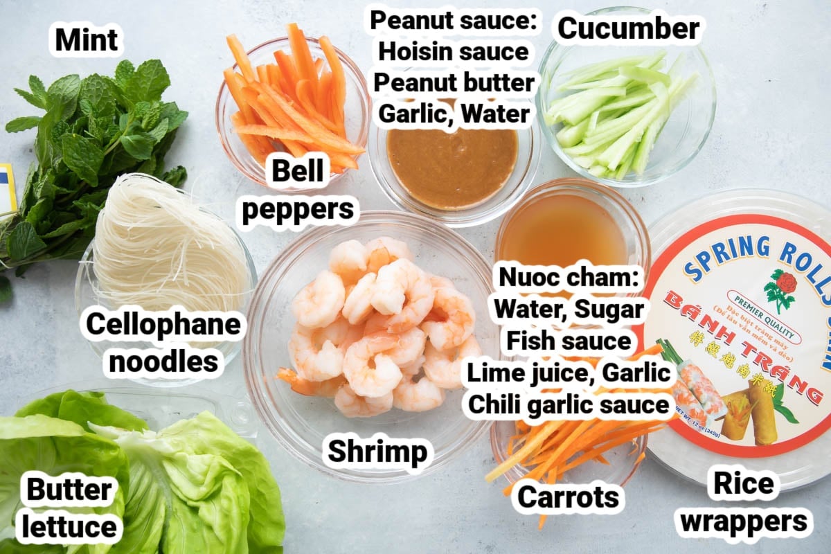 Labeled ingredients for Vietnamese Spring Rolls.